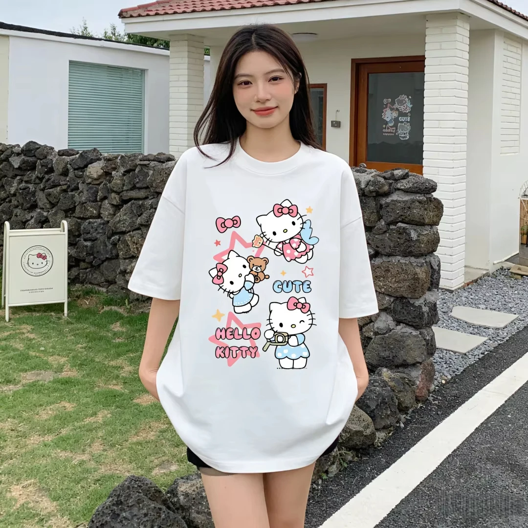 2026 新しい夏のハローキティかわいいグラフィック T シャツ、女性女の子向けカジュアル半袖コットントップ、かわいい漫画プリントストリートウェア 1