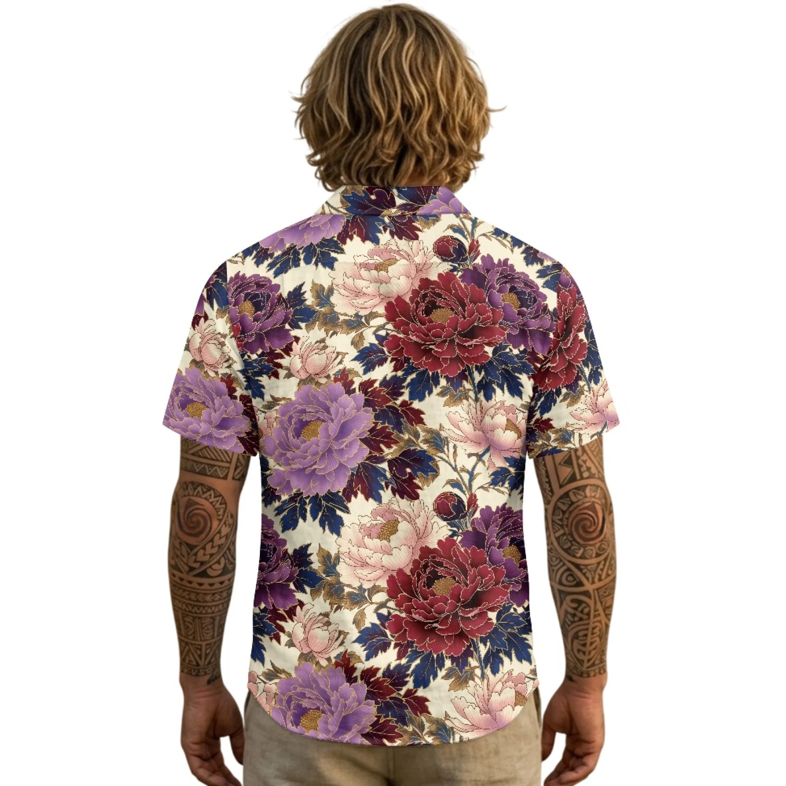 PENSTROLL Purple Red Peony Print Linen Like Short-Sleeved Single Breasted Button Down Men's Top for Youth S-3XL