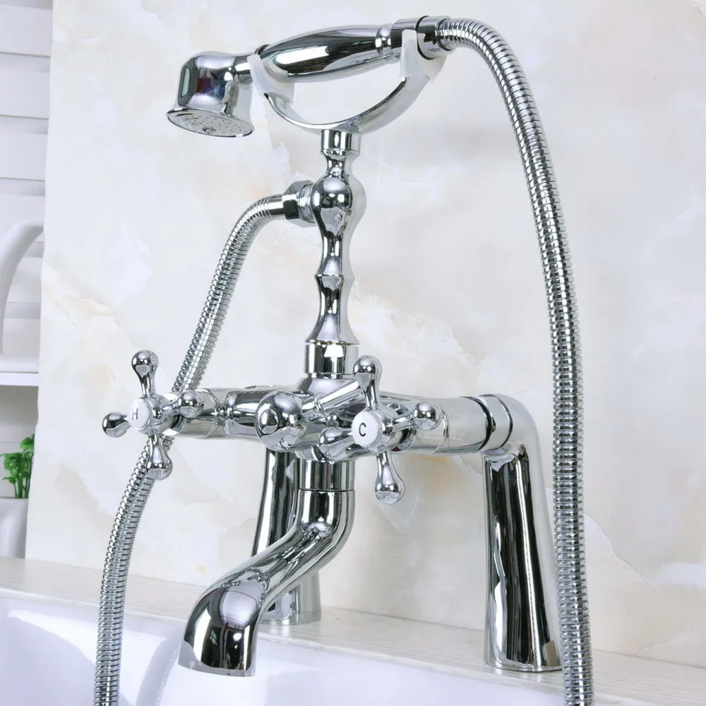 Bathroom Deck Mount Claw-foot Bathtub Faucet Tub Filler Handheld Shower Polished Chrome Brass Dual Cross Handles ana124