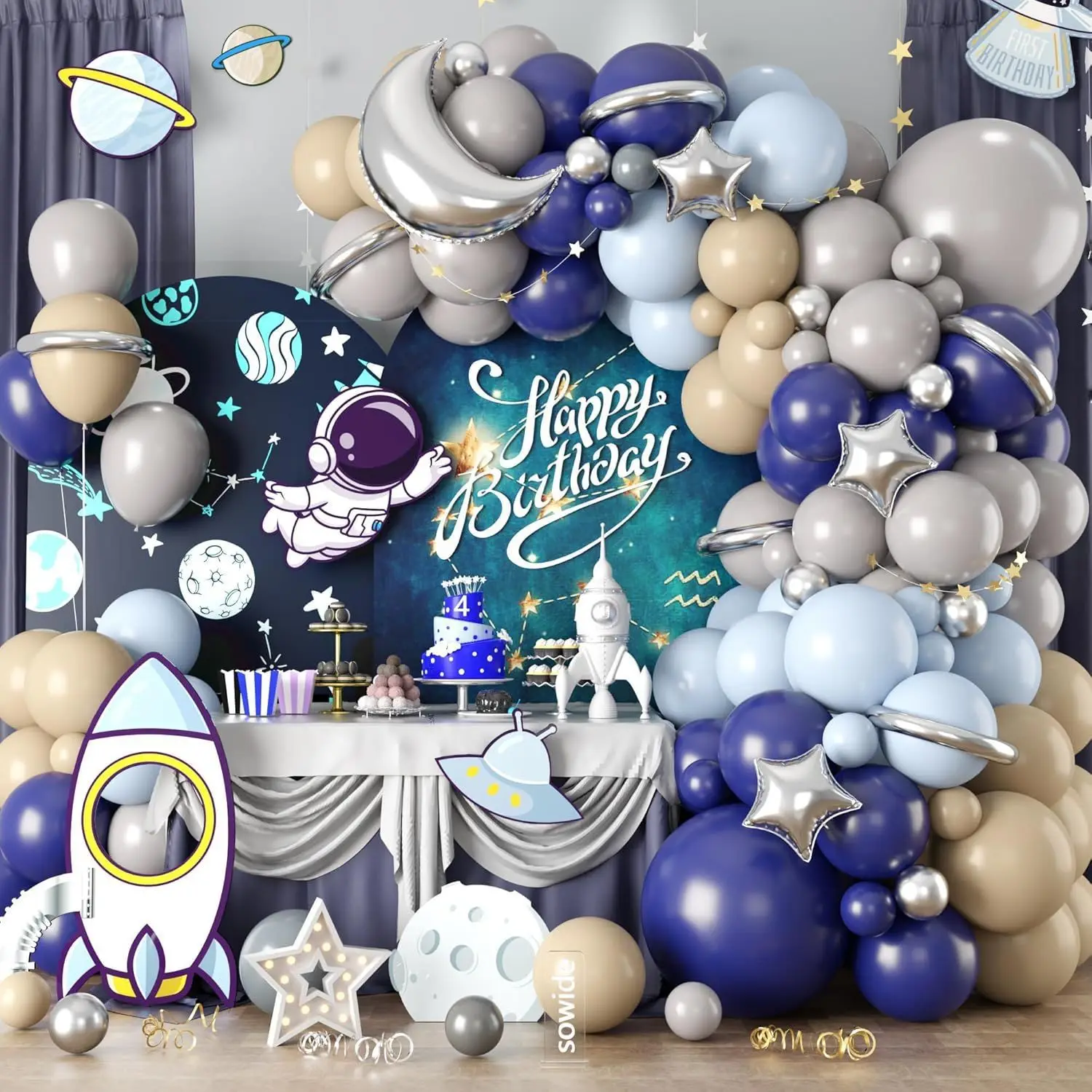 Outer Space Astronaut Theme Party Balloon Arch Garland Set 1st Happy Birthday Party Decor Kid Boy Photo Background Balloon Chain