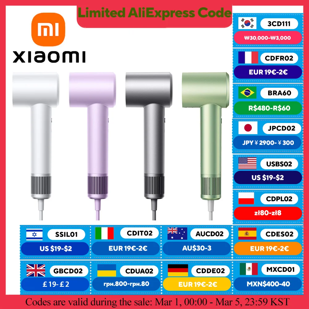 XIAOMI MIJIA Pengering rambut, perawatan rambut Ion negatif H501 110000 Rpm kering 220V versi CN (dengan adaptor EU) 62 m/s kecepatan angin