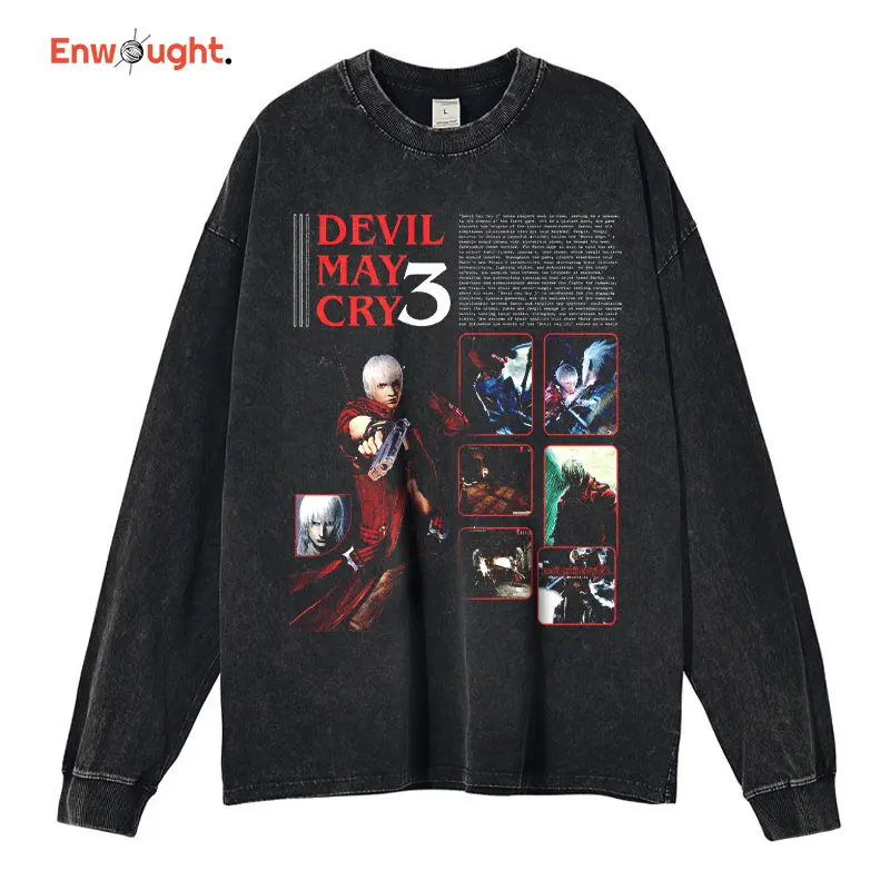 Devil May Cry Long Sleeve T-shirt Vintage Washed Dante Vergil Nero Sweatshirts Pullover Oversized Harajuku Tops Tees Men Cotton