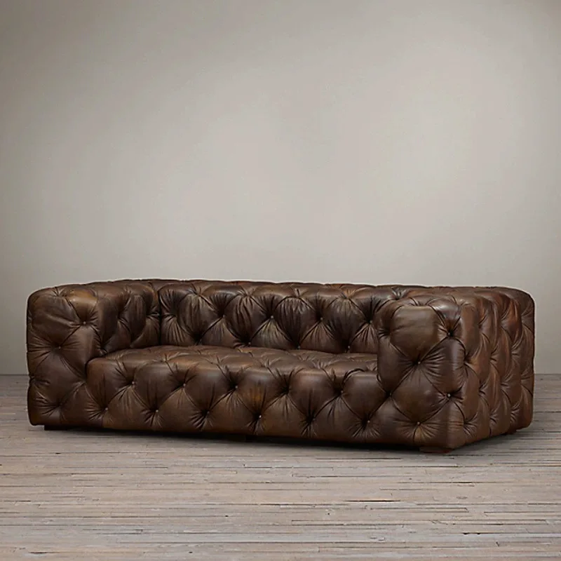 *American Style Vintage Industrial Loft Oil Wax Leather Sofa Full Cowhide Small Pull Buttons for Three-Seater Living Room Small
