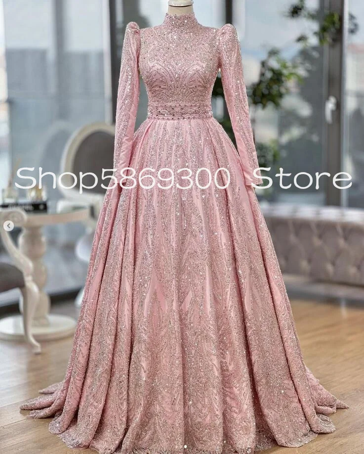 Sparkly Pink Muslim Arabic Prom Formal Dresses 2025 Long Sleeve Gillter Applique Caftan Morocca Evening Gown Outfit customsized