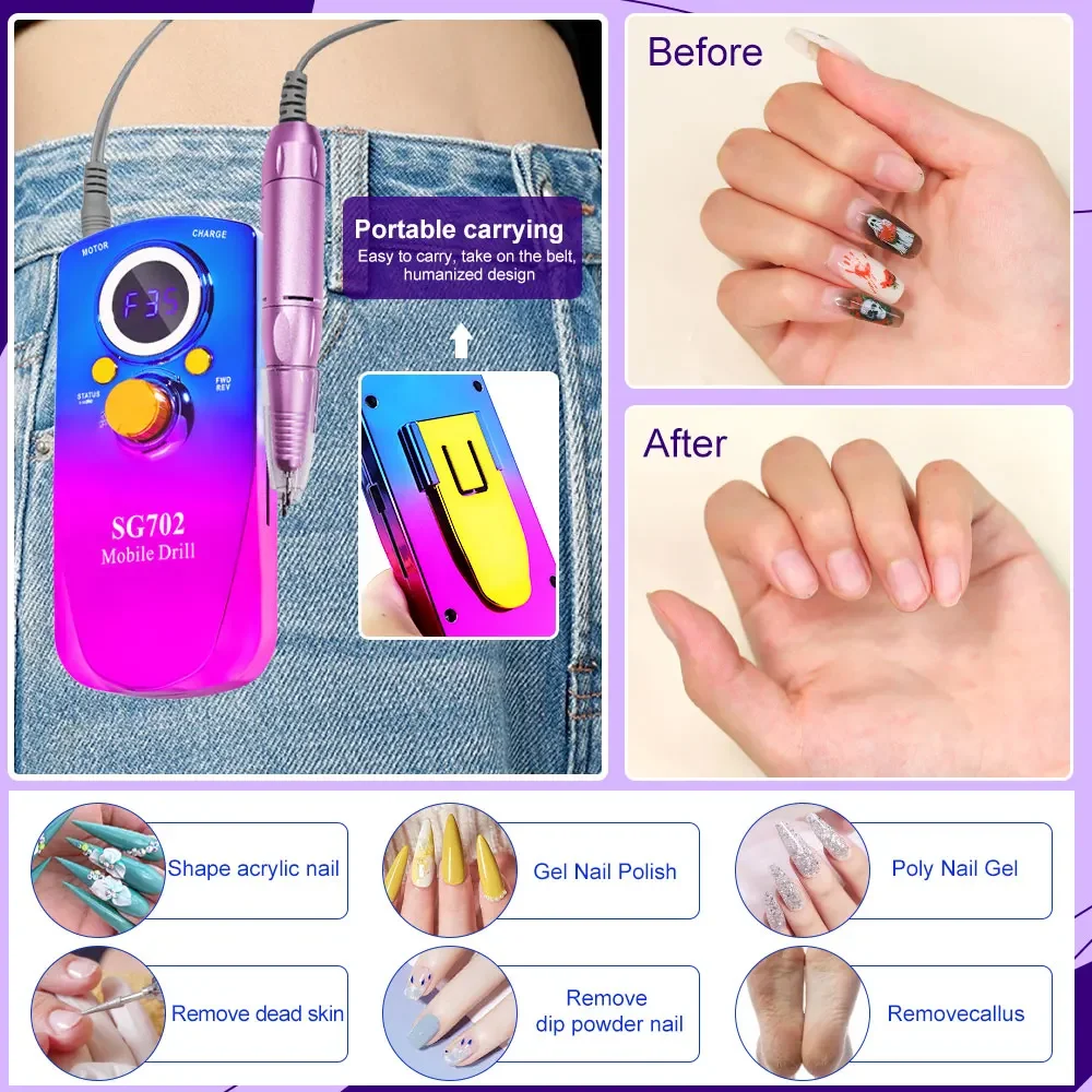 Perceuse à ongles électrique Rechargeable, avec outil USB, connexion dissolvant de vernis à ongles, ensemble de perceuses, ponceuse de manucure, outil de lime à faible bruit