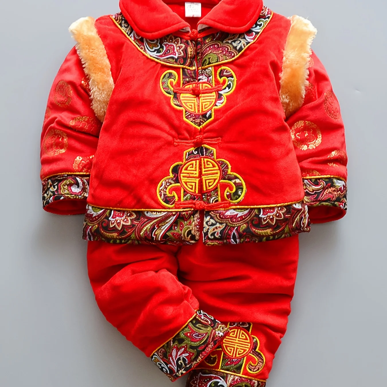 

Boys Cute Tang Suits Chinese Style Fleece Thermal Thickened Embroidered Jacket Pants Set For Spring New Year Party Hanfu