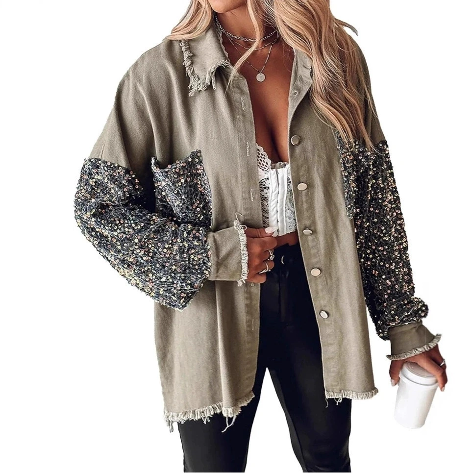 

spring autumn women long sleeve Sequins denim jacket 2025 new women Splicing laple denim coat women slim jacket outwear