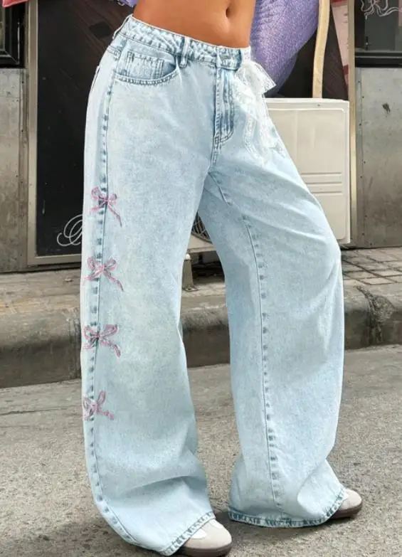 2025 Summer Thin Women's Jeans New Early Autumn Embroidered Bow Wide Leg Pants