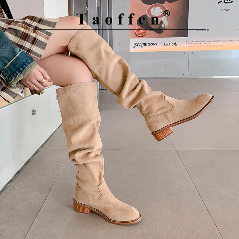 Taoffen Women Knee-high Boots Warm Suede Fashion Pleated Low Chunky Heel Lady Flat Shoes Autumn Daily Footwear Female Long Boots