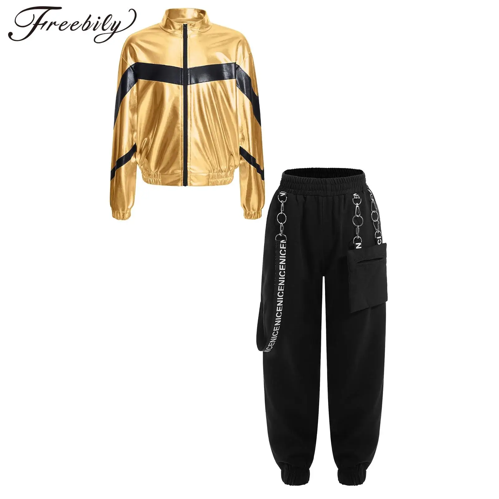 

Children Jazz Street Dance Costumes Fashion Girls Streetwear Long Sleeve Metallic Jacket Pants Teens Kids Hip-hop Clothes Sets