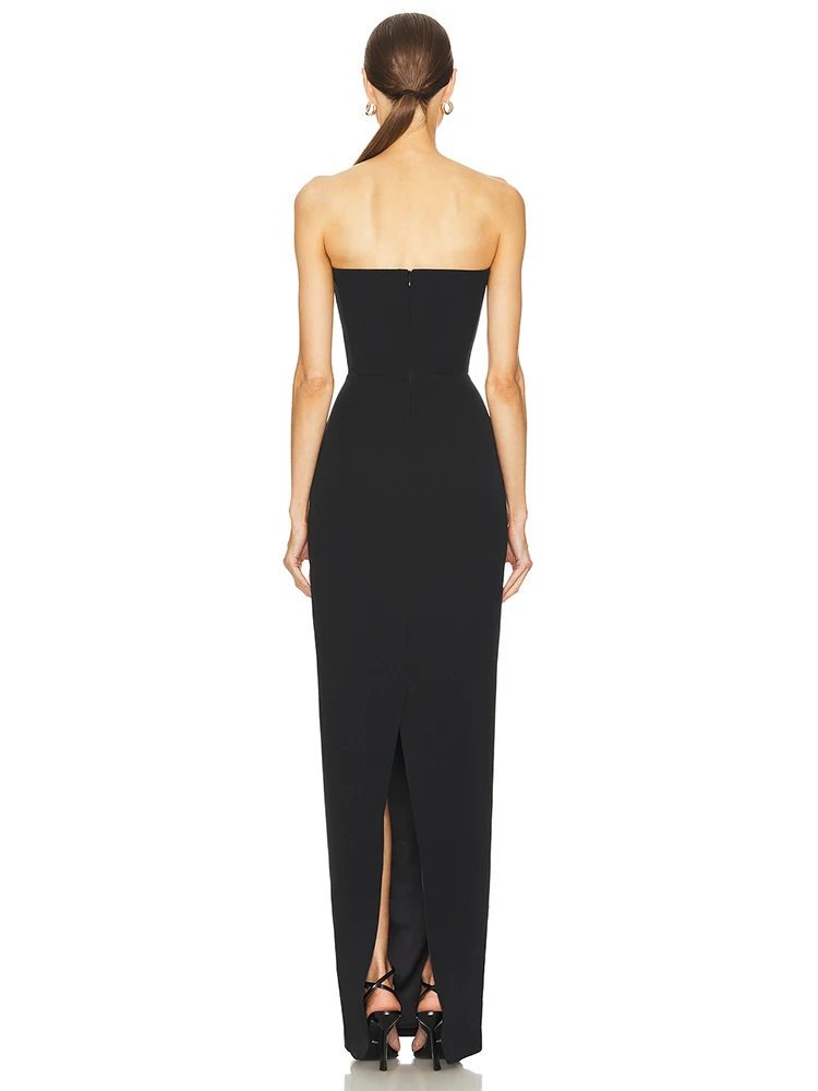 Sexy trägerloses Bandage-Maxikleid, lässiges Club-Partykleid für Frauen, ärmellos, Ausschnitt, Schleife, Knopfdetails, solide, schlank