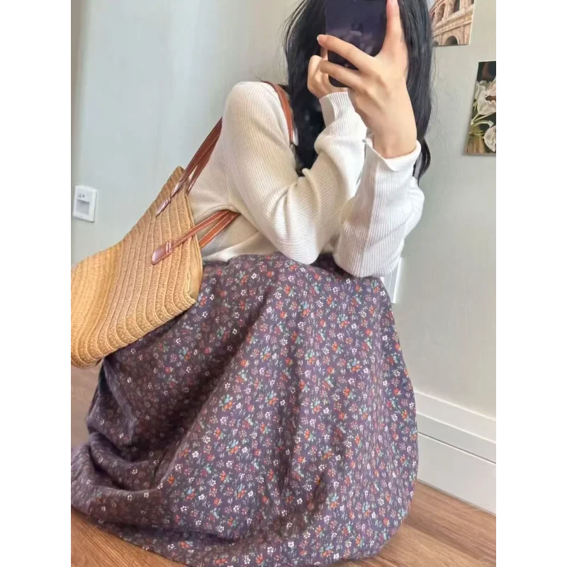 Purple Floral Pure Cotton Spliced Autumn Winter New Artistic Retro High Waist Mid-length A-line Skirt