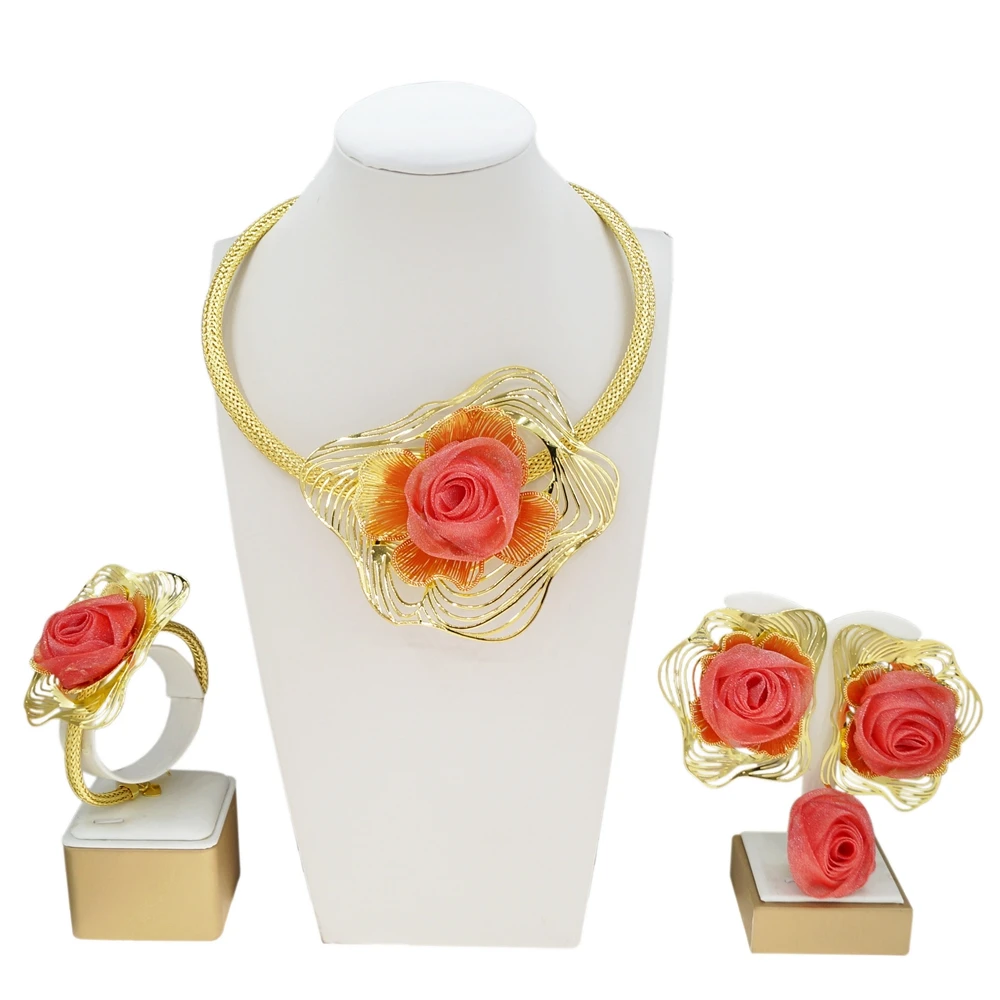 Women Ornate Abstract Frame & Rose Jewelry Set Gold Plated Coral Floral Mesh Choker Necklace Bracelet Ring Earrings Set for Part