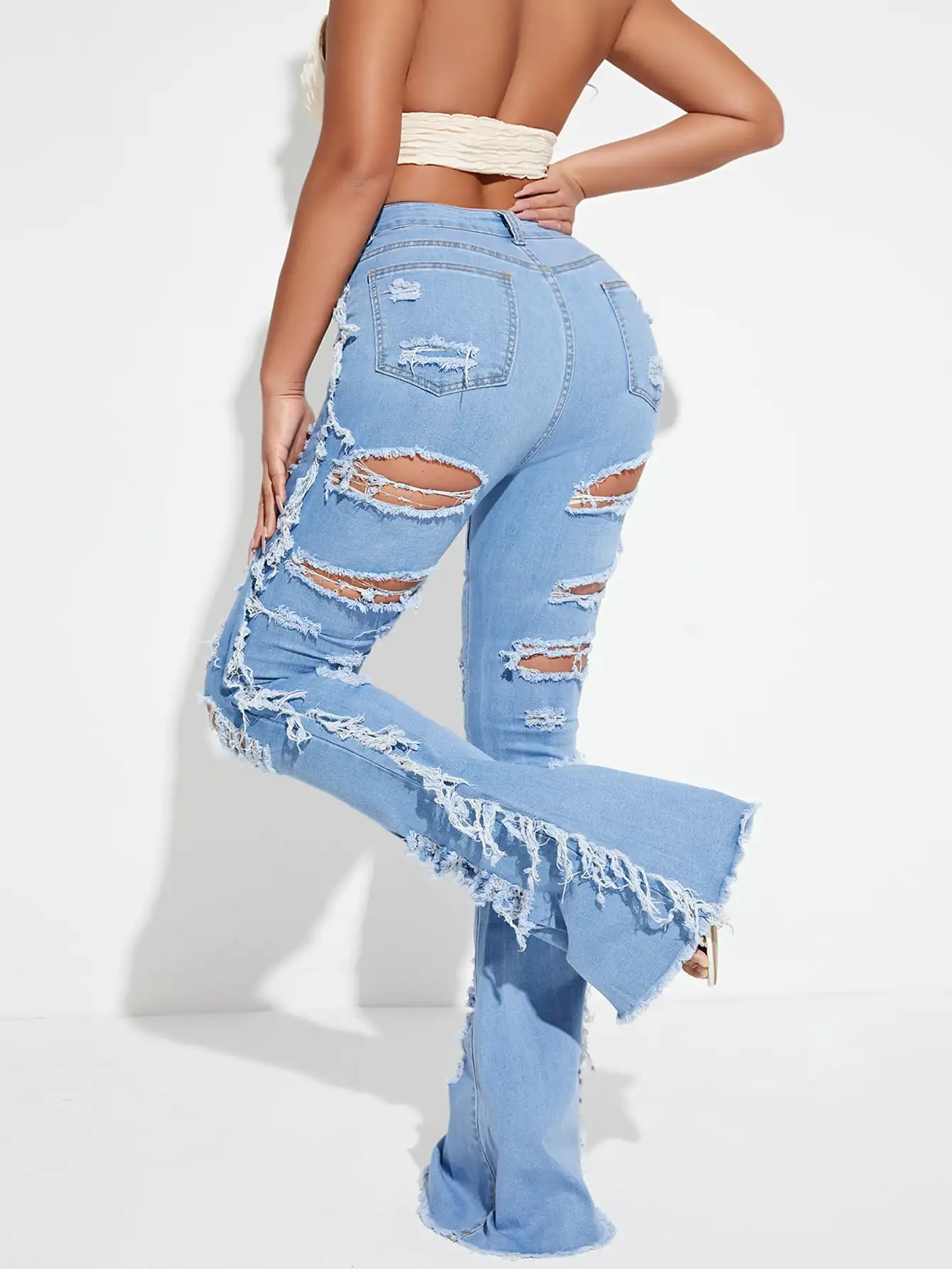 Women's jeans pants trendy street casual cut holes high waist jeans Bell-bottoms