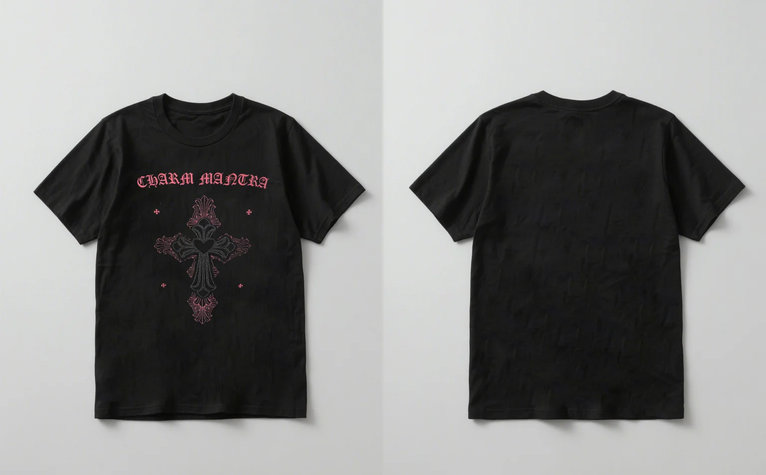 

Новая повседневная футболка с короткими рукавами и принтом 2025, футболка с крестообразным узором «Charm Spell», подходит как для мужчин и женщин.