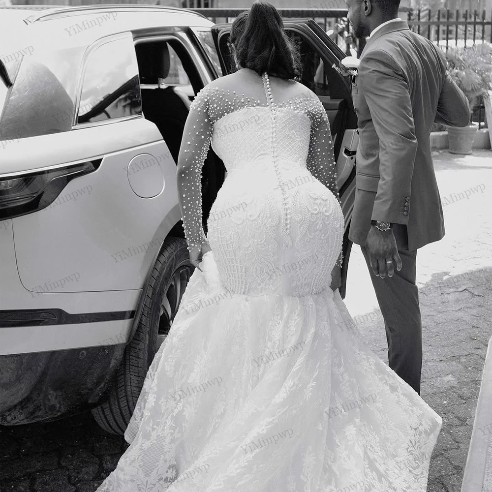 Applique Aso Ebi Wedding Dresses 2026 Pearls Full Sleeve Crystals Bride Gowns For African Women Mermaid Button Back Customized