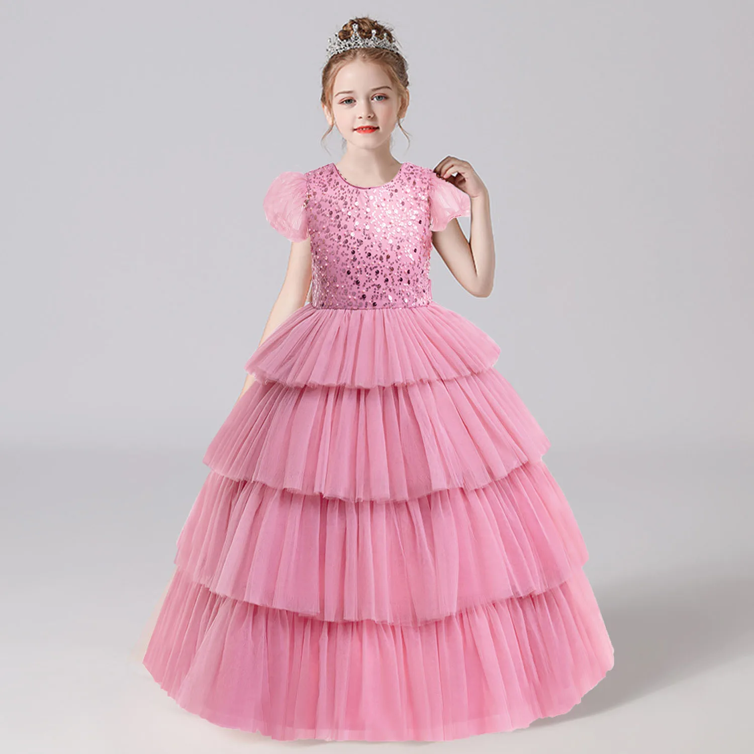 Little Big Girls Sequined Puff Sleeves Layered Ruffled Cupcake Tutu Dress Pageant Dance Party Dress