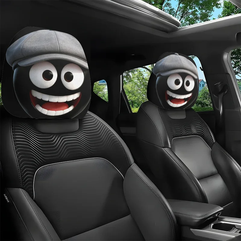 1/2Pcs Car Headrest Covers Cute Black Cartoon Smiley Face With Gray Cap Print, Fun Decor Style