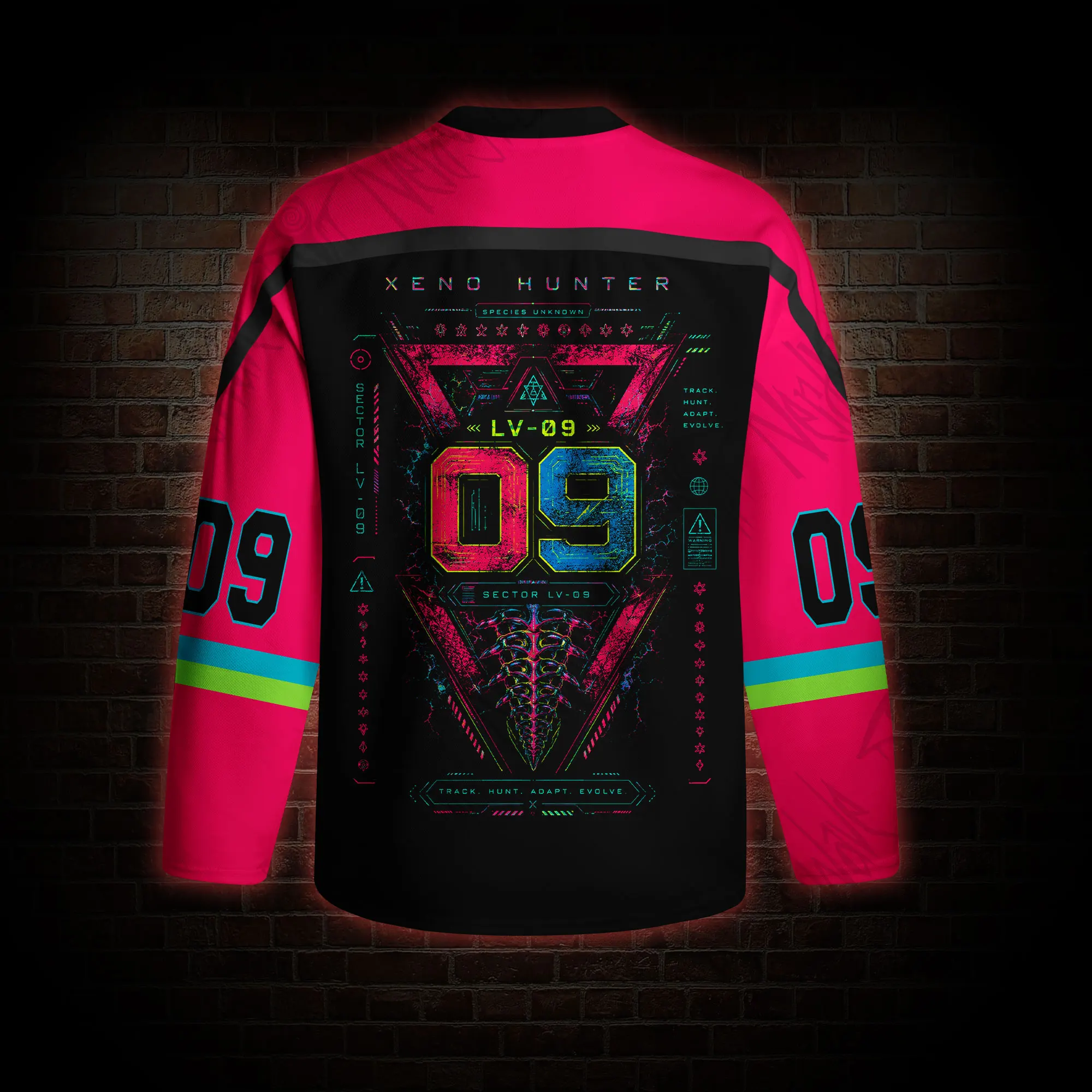 2026 Neon Sci-Fi Alien Creature Long Sleeve Hockey Jersey, V Neck Cyber Punk Streetwear Top, Colorful Halloween Party Outfit