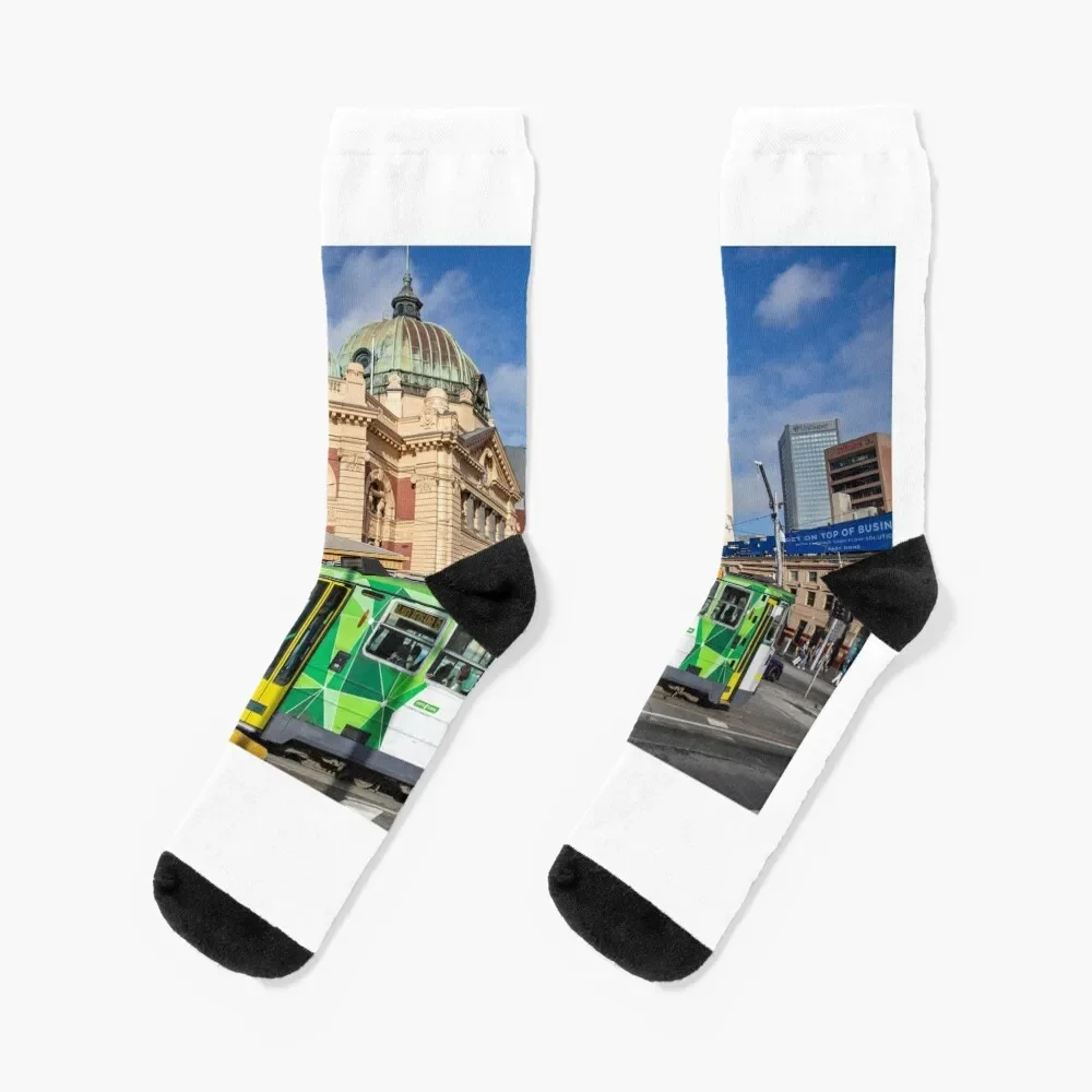 Tram and Flinders street station in Melbourne Socks anti-slip ankle retro Socks For Men Women's