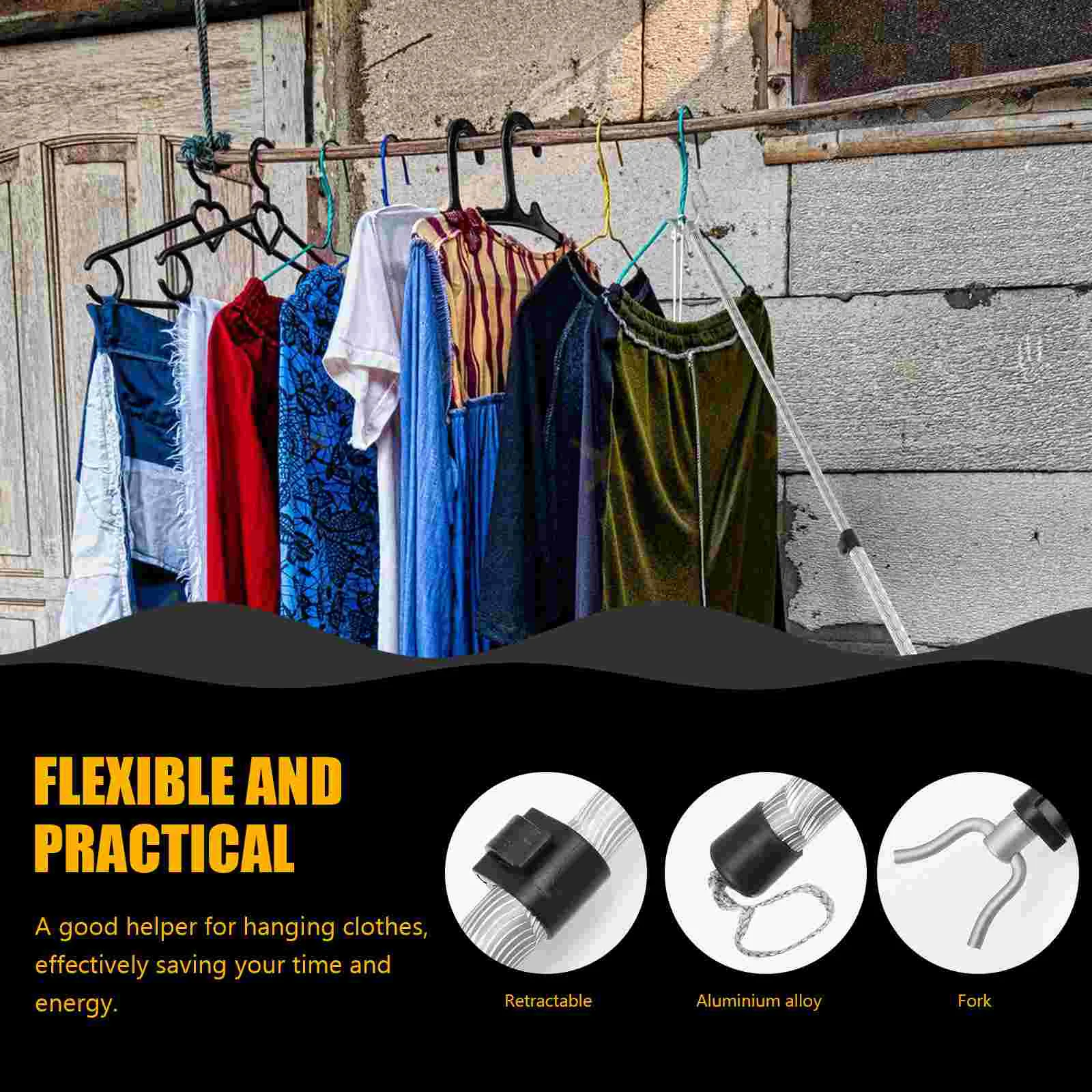 Clothes Pole Metal Clothing Rack Closet Reach Pole Extender Retractable Reaching Stick Alloy Telescopic Pole Hook