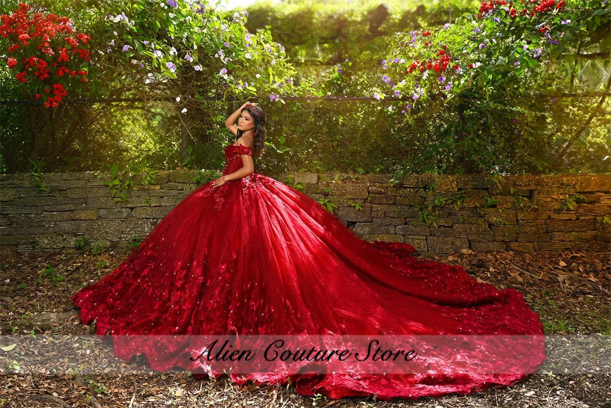 Luxury Red Princess Ball Gown Quinceañera Dresses Beads Flowers Appliques Crystal Birthday Party For 15th Girls Customized image 5