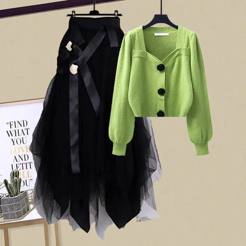 Sweet and Fashionable Women's Set 2024 Autumn New Square Neck Knitted Sweater Mesh Half Skirt Two Piece Set