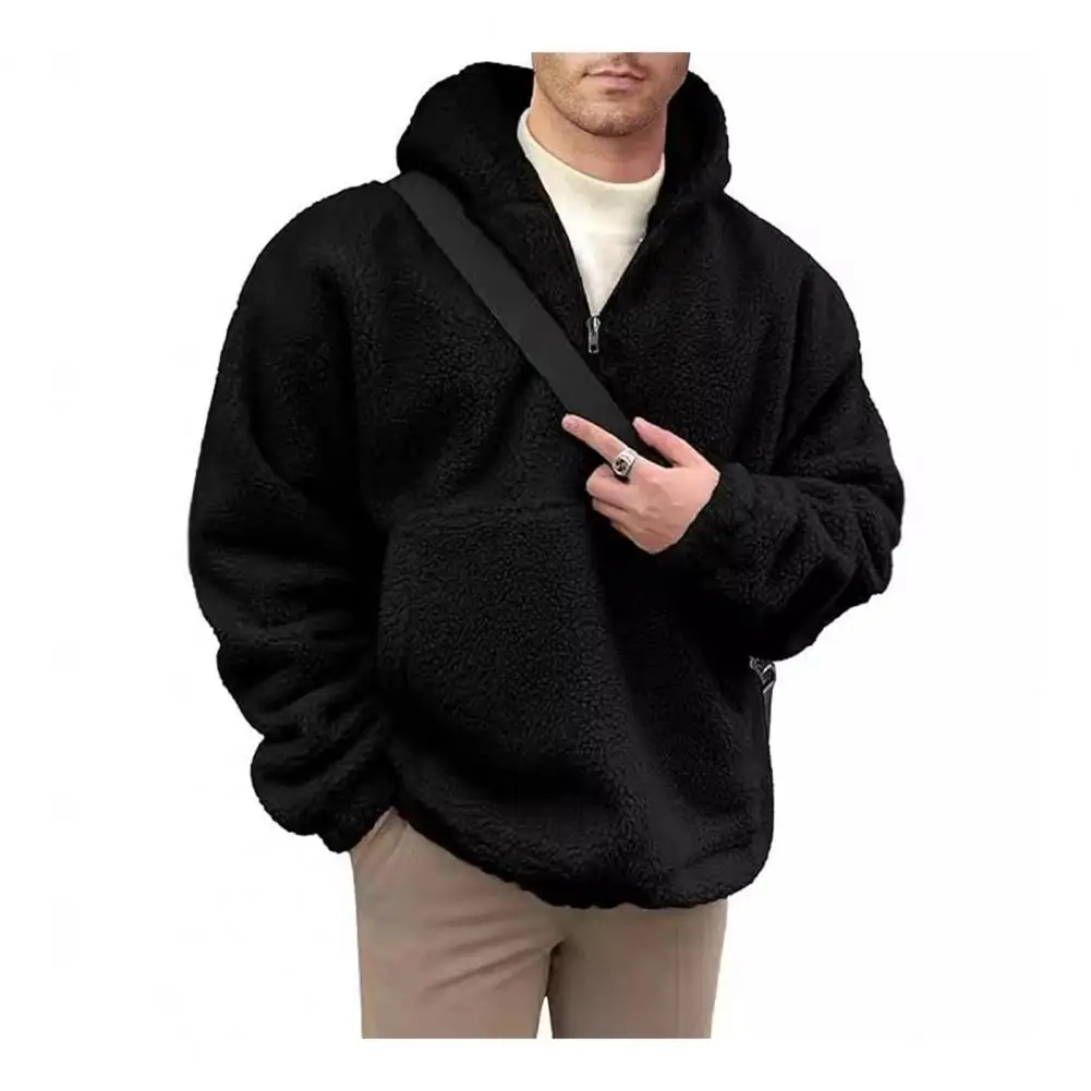 Cozy Men Hoodie Men's Double-sided Flannel Half-zipper Hoodie with Front Pocket Elastic Cuffs Cozy Thermal Top for Casual Daily