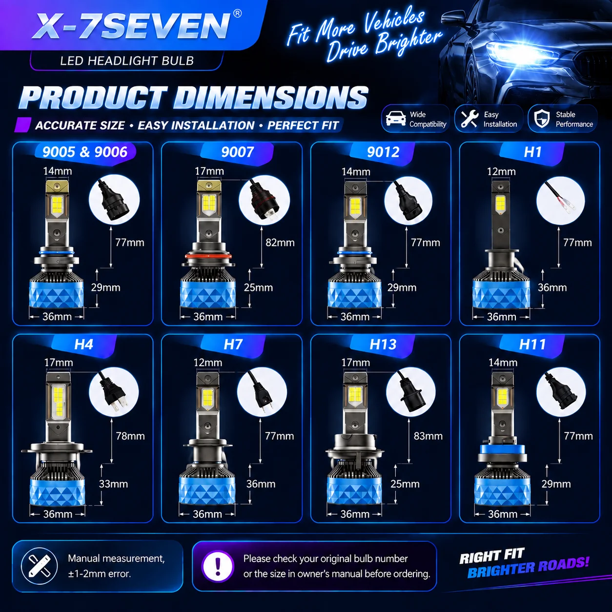 X-7SEVEN 190W LED Headlight Bulb 38000LM 6500K Super Bright H7 H11 H4 H13 9005 9006 CANBUS Auto Headlamp Kit 2 Year Warranty
