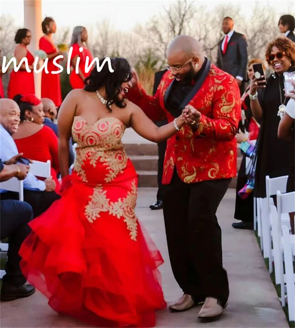 Plus Size Red Mermaid Wedding Dress With Gold Lace Elegant Sweetheart Black  Girls African Bridal Gowns 2023 Corset Country Bride - AliExpress