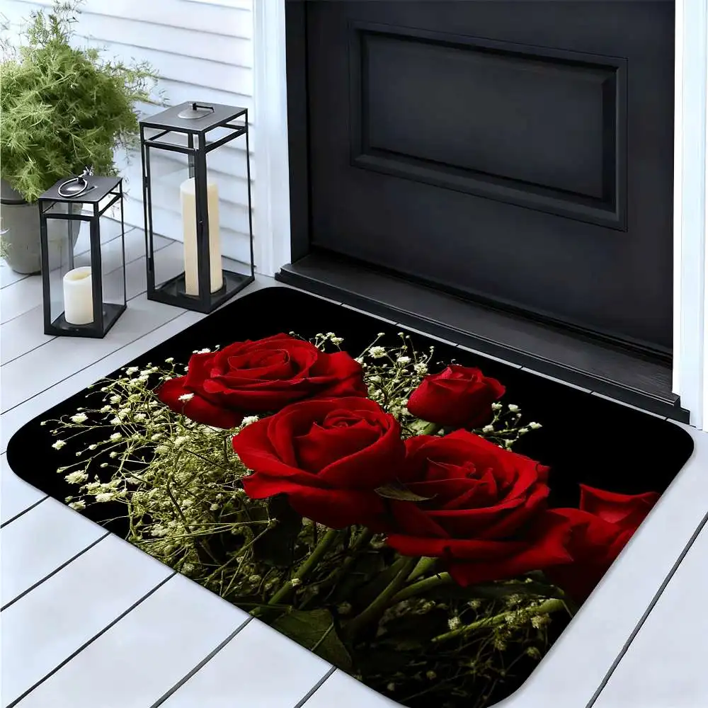 

Red Rose and Baby's Breath Door Mat Welcome Doormat for Entryway Non-slip Machine-washable Floor Mat Home Decor Floor Mat