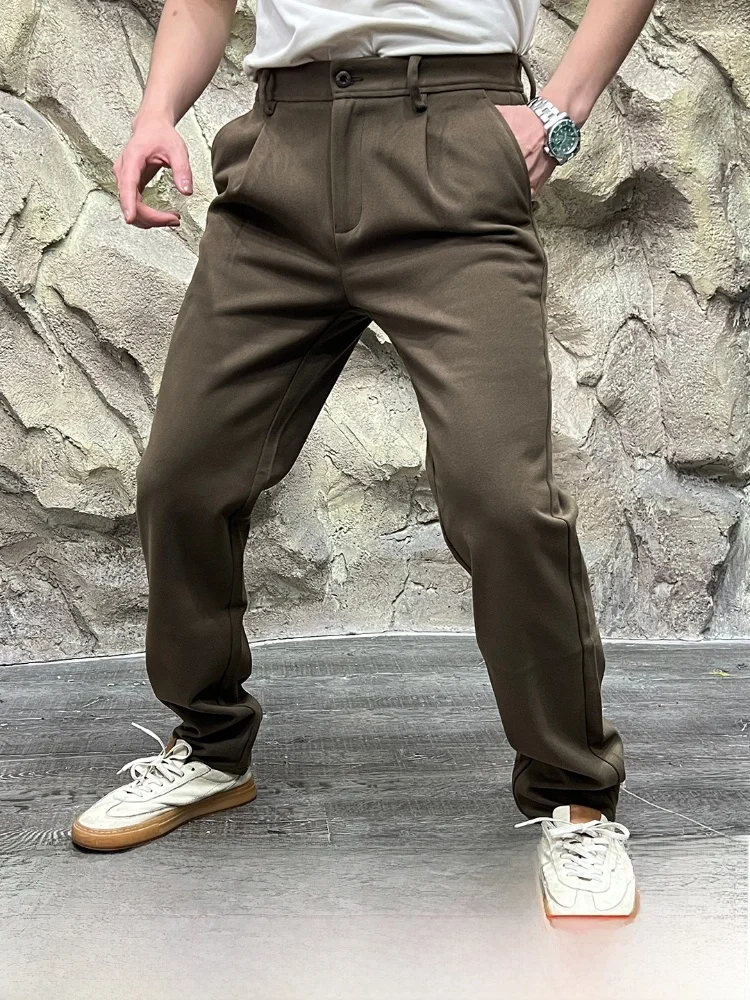 

Thiened вельветовые повседневные брюки для мужчин, прямые брюки чистого цвета, дышащие осенне-зимние новые брюки облегающего кроя