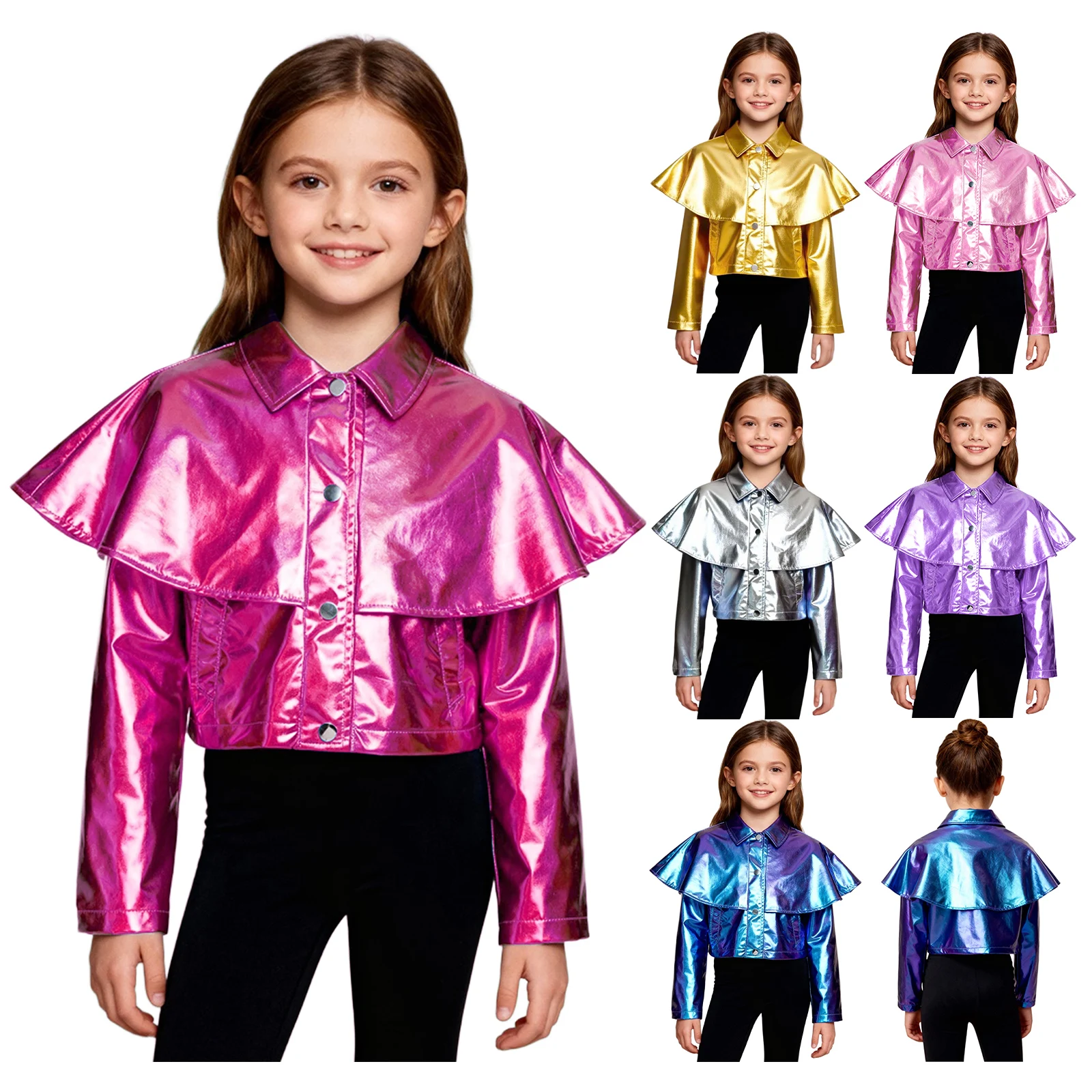 เสื้อแจ็คเก็ตฮิปฮอปแจ๊สสำหรับเด็กผู้หญิง แขนยาว ผ้าเมทัลลิกเงา สไตล์เบสบอล แจ็คเก็ตบอมเบอร์ เสื้อคลุมสำหรับงานปาร์ตี้เรฟและการแสดง