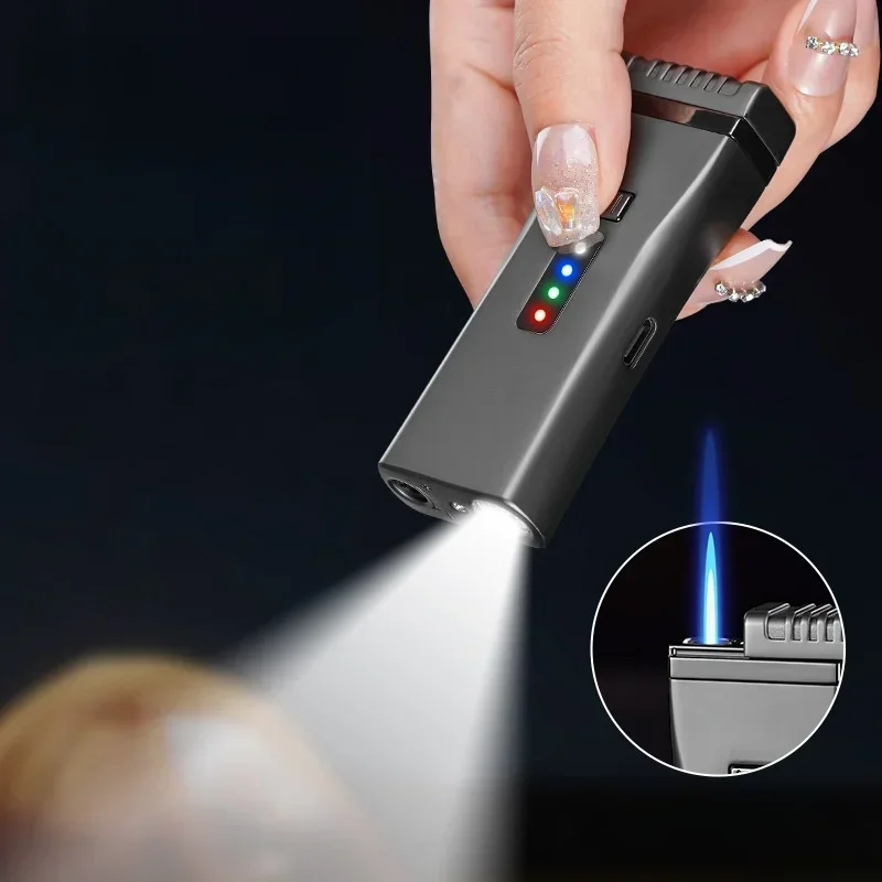 New Outdoor High Color Value Inflatable Wind Proof Arc Ignition Blue Flame Torch Lighter Strong Light Power Display Lighter