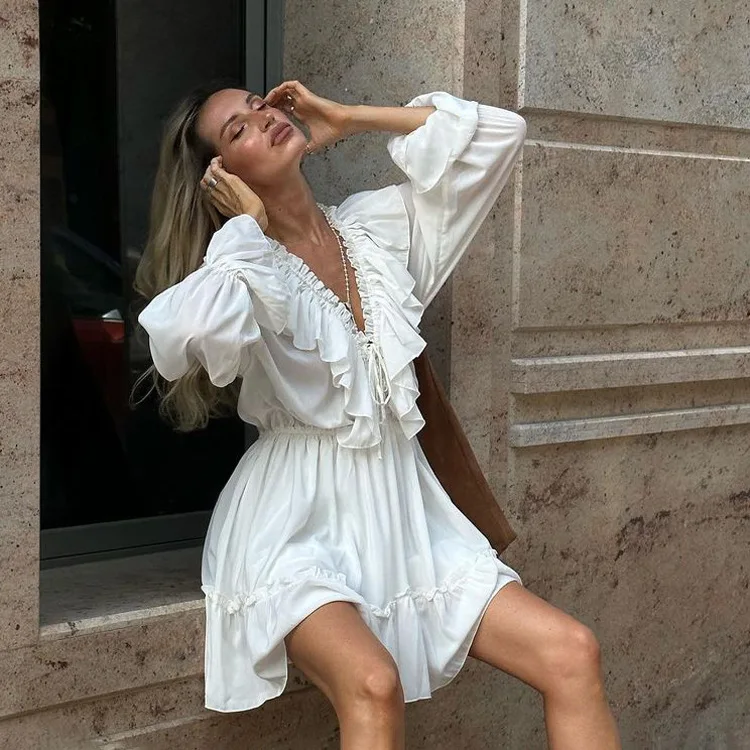 2025 Women Summer Loose Style Flare Sleeve White Dress Long Dress Sexy  V-Neck Boho Dress Vestidos Clothes - AliExpress 200000345