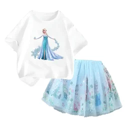 Disney Frozen Elsa Pretty T Shirt and Mesh Skirt Two Piece Tutu Skirt 2024 Summer Fashion Girl 3-14 Year Children Party Clothing