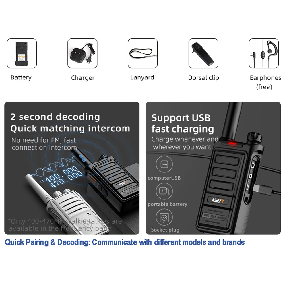 KSUN 5 km Long Range Talkie Walkies Type-C 4000mAh Quick Pairing & Decoding 2 Way Radios for Hiking Camping