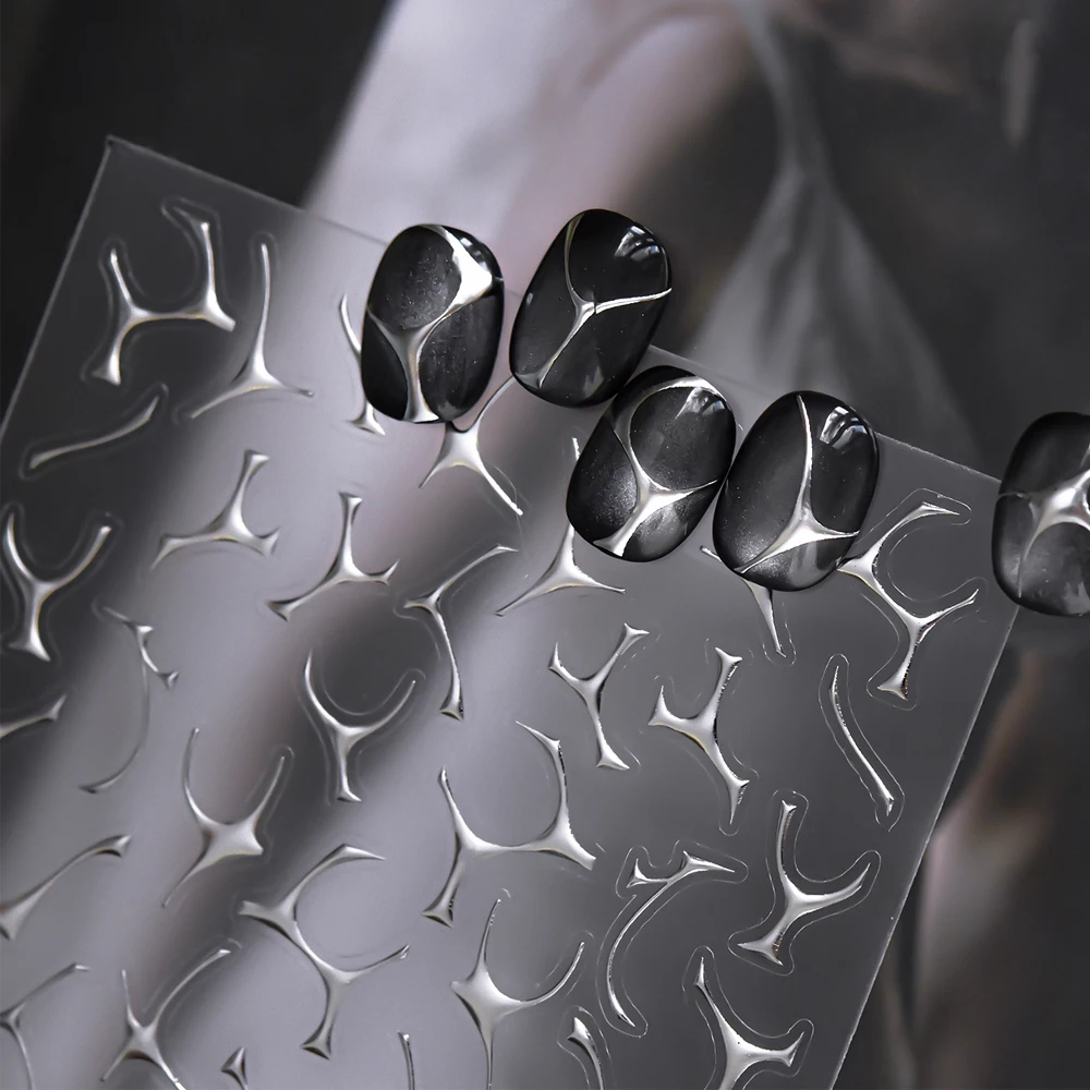 Schicker silberner französischer Bogen 5D-Nagelkunst-Aufkleber, künstlerische kaputte Linien, unregelmäßige Fragmente, selbstklebende Dekoration, Maniküre-Aufkleber zum Selbermachen