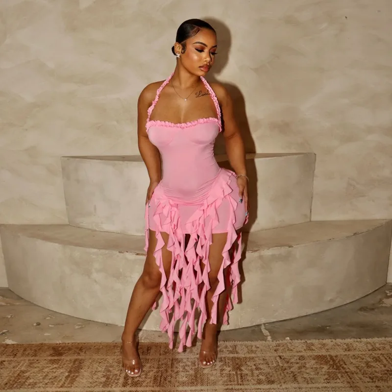 Solid Elegant Halter Backless ชุดวันเกิดสําหรับผู้หญิงเซ็กซี่ไม่สม่ําเสมอพู่ไนท์คลับมินิเดรส Robes