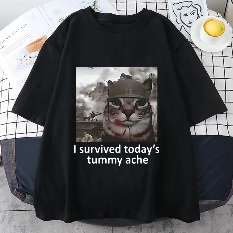 

Funny Cat I Survived Today's Tummy Ache T Shirt Men's Women vintage cotton t-shirt Short Sleeve Oversized Cute Kawaii clothes