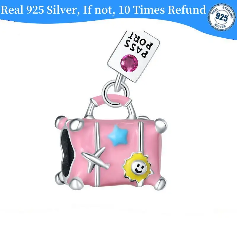 100% Real 925 Sterling Silver Charm Fit Pandora Original Bracelet Silver Beads Pink Suitcase Dangle Diy Jewelry For Lover