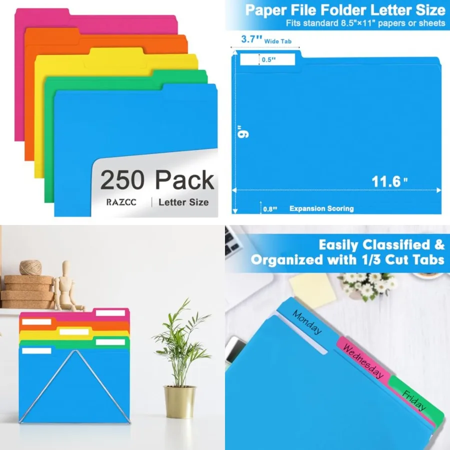 

File Folder, 250 Pack 1/3 Cut Tab Colored Folders, Colored File Folder Letter Size for Office Classroom Use, Folders with Tabs
