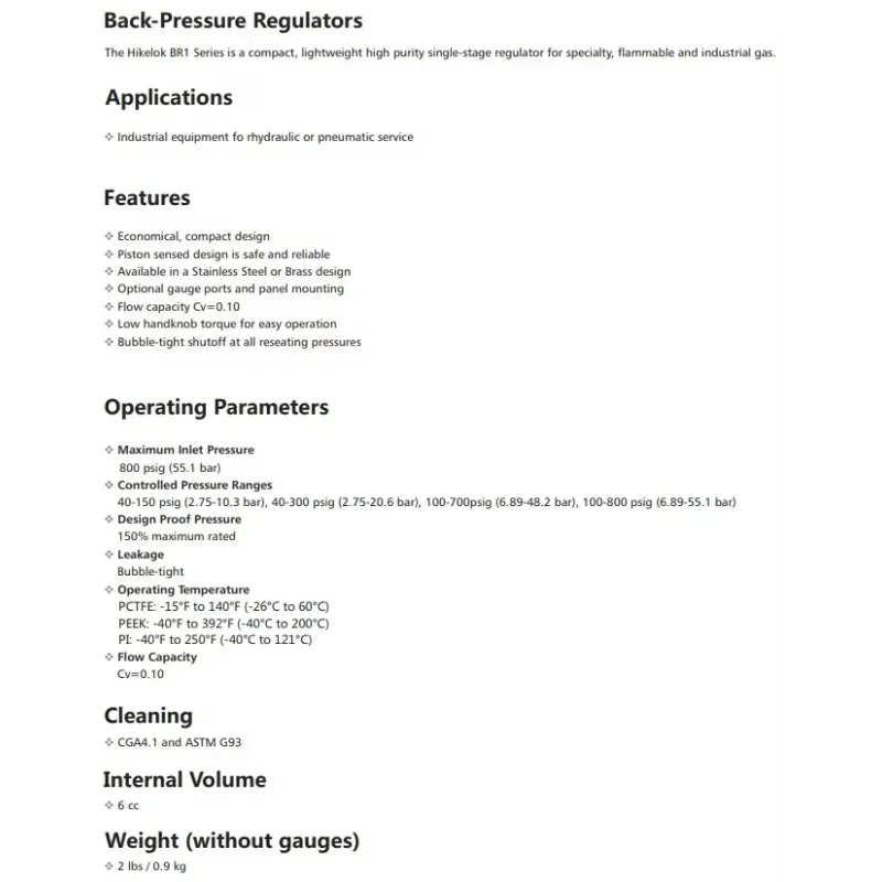

In stock TESCOM Type Stainless Steel Spring Loaded Single Stage Back Pressure Regulator Valves for Sampling System