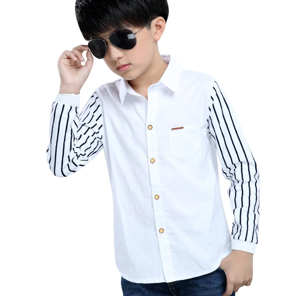 Teen Baby Kids Boys Long Sleeve Stripe Fastener Gentleman Shirt Tops Clothes