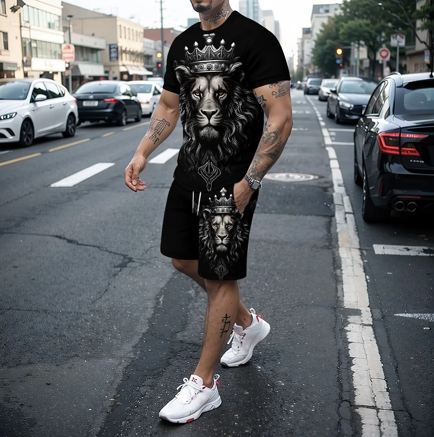 Summer new 3D tiger lion print men\'s round neck short sleeved T-shirt shorts set 2-piece high-quality  casual street sports set