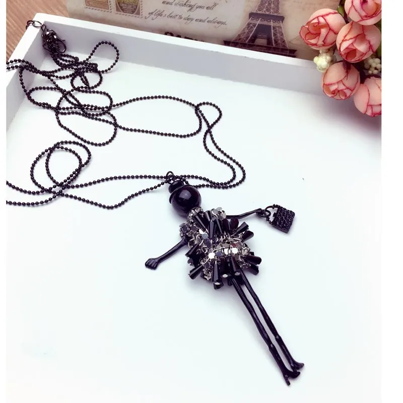 Fashion Delicate Dancing Girl Black&Pink Crystal Pendant Necklaces Women Jewelry Birthday Gift Street Trends Long Sweater Chain