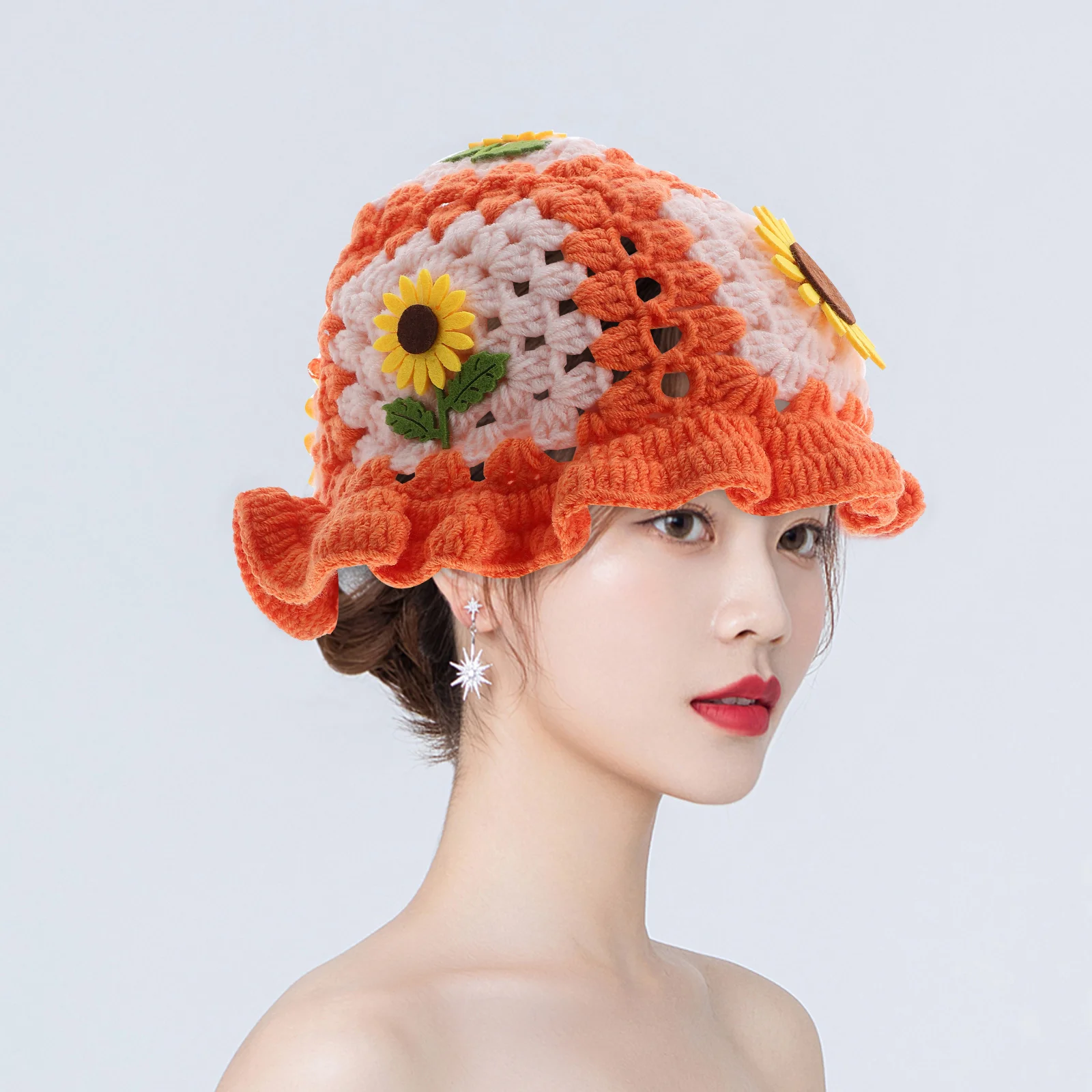 

Colorful Crochet Fisherman Hat For Women Vibrant Patchwork Sunflower Bucket Hat Lightweight Handmade Summer Cap - Cute Knitted