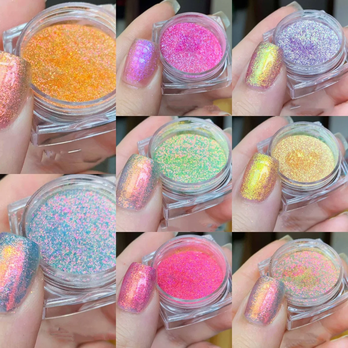 1 pot (0,1 g) multi-kameleon gepolariseerd nagelpoeder 8-kleuren Aurora opaal pigmentstof met 1 borstel voor make-up oogschaduwpoeder