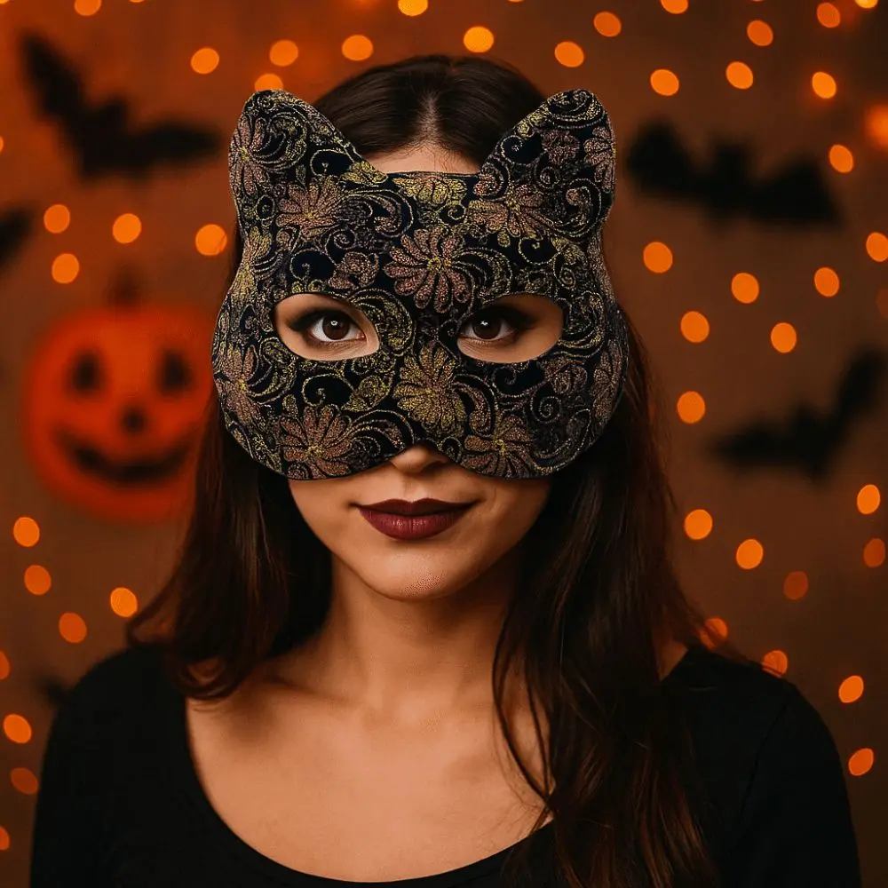 

Funny Plastic Cat Face Masks Flower Animal Halloween Masquerade Mask Black Shining Half Face Mask Girl