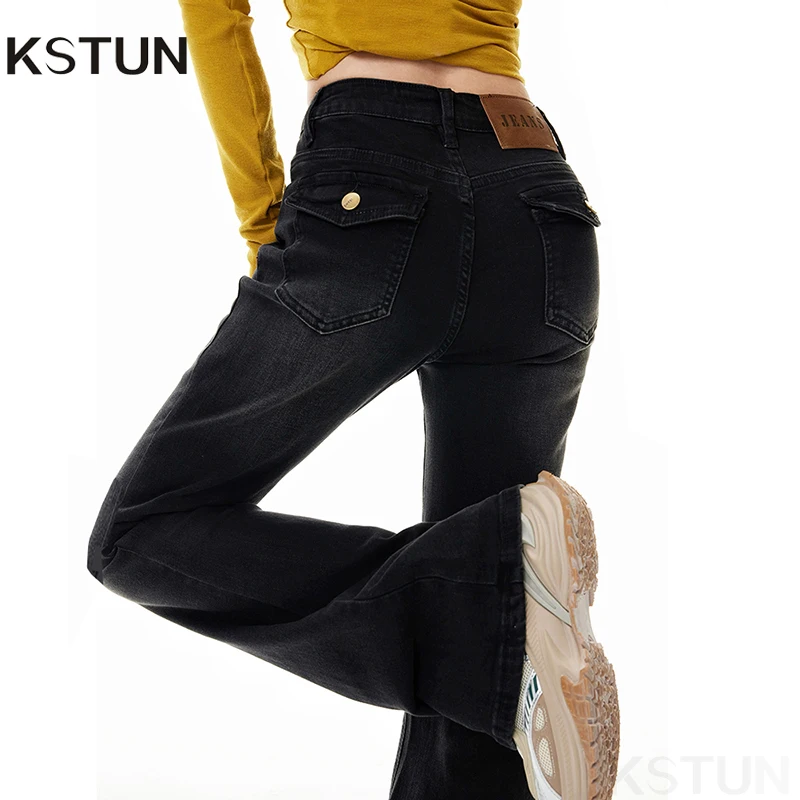 KSTUN Women's Jeans Vintage Low Waist Black Jeans Micro Flare Pants Slim Fit Denim Pants Flap Pockets Design Spicy Girls Jeans
